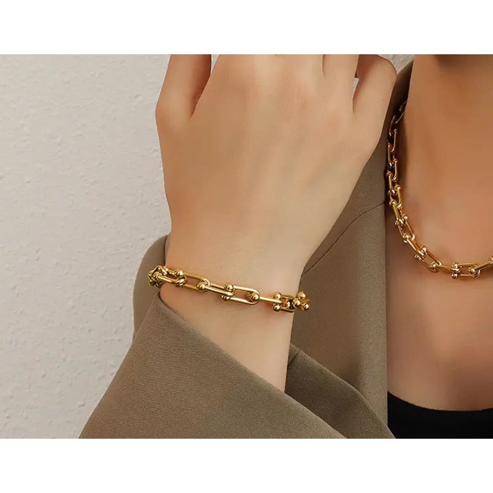 Gold U-Shaped Link Chain Bracelet Horseshoe Stainless Steel Layering Jewelry